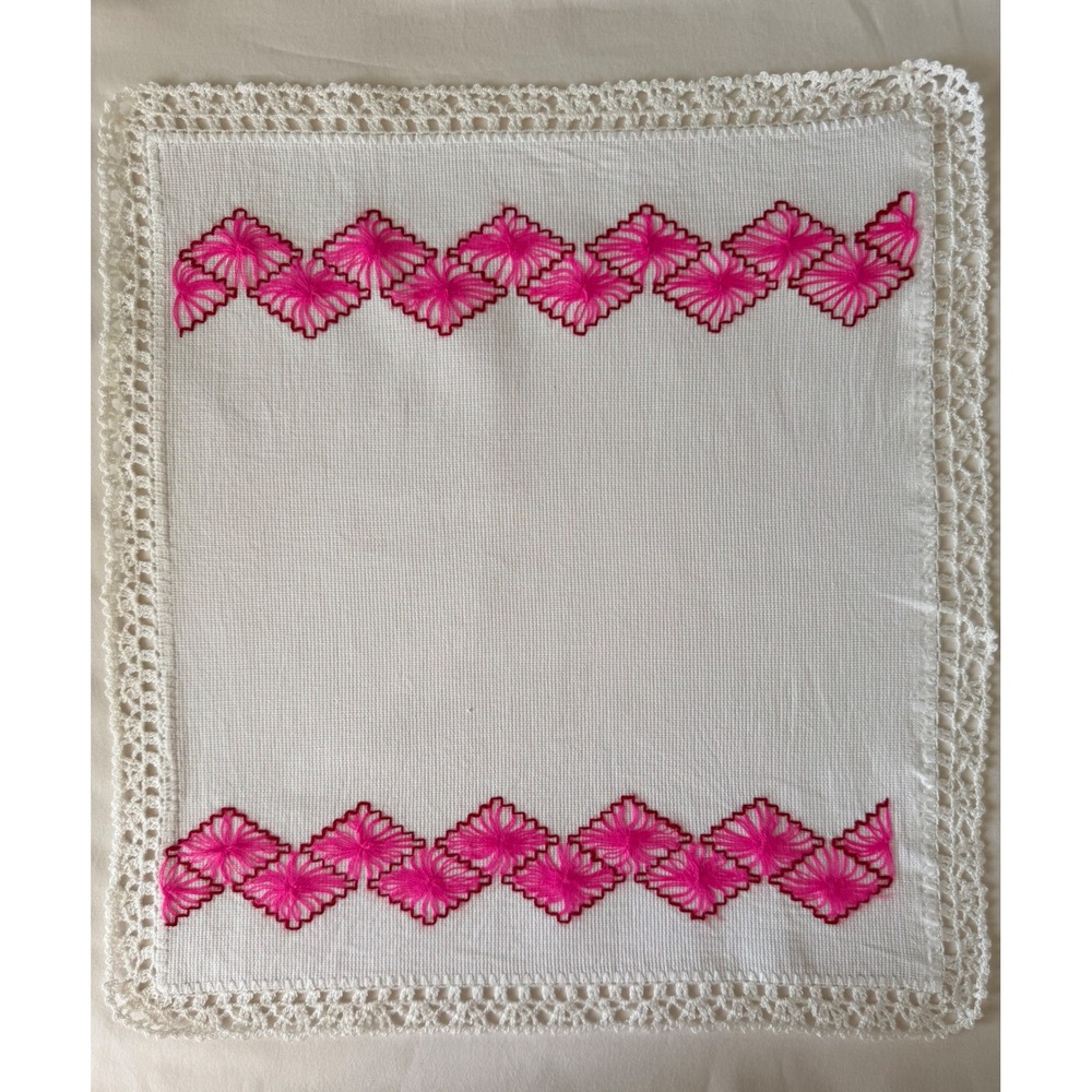 Handmade Mexican Embroidered Cloth Napkin Pink Crochet Lace Trim Folk Art 16x18